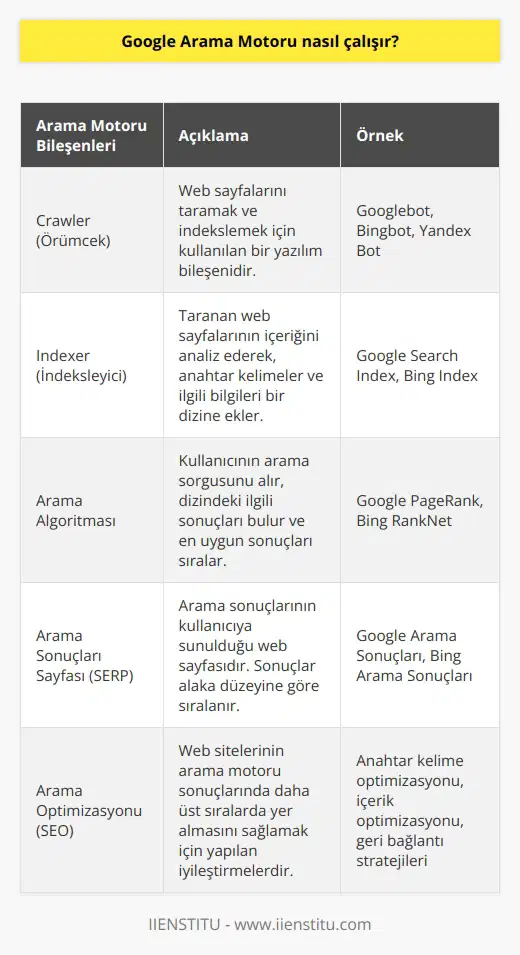 Google Arama Motoru, arama sorgularını taramak için kullanılan bir yazılımdır. Öncelikle arama motoru arama sorgusuna göre web sayfaları tarar ve sonuçları bir arama sonuç listesinde gösterir. Sonuç listesindeki bağlantılar arama motoru tarafından taranmış web sayfalarının adresleridir. Aranan kelimeler veya ifadeler web sayfalarındaki metinlerle karşılaştırılır ve arama sonuçları en uygun sonuçlar ile gösterilir.