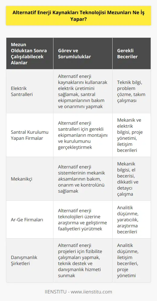 Alternatif Enerji Kaynakları Teknolojisi Programını başarıyla tamamlayan öğrenciler “ön lisans” diplomasının sahibi olur ve “tekniker” unvanını alır. Elektrik santrallerinde, santral kurulumu yapan firmalarda    veya mekanikçi olarak çalışır.