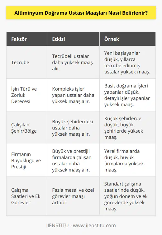 Alüminyum doğrama ustası maaşlarını belirleyen faktörlerin başında tecrübe gelir. Tecrübeli bir ustaya genellikle daha yüksek bir maaş ödenirken, sektöre yeni başlamış olanlar ise daha düşük maaşlar alır. Yıllar içinde edinilen deneyim ve beceriler, ustaların işlerini daha hızli ve kaliteli yapmalarını sağlar ve bu durum işverenler tarafından tercih edilir. Bu nedenle tecrübeli ustalar için ödenen maaşlar daha yüksektir.Çalıştığı işin türü ve zorluk derecesi de alüminyum doğrama ustası maaşını etkileyen faktörlerdendir. Basit doğrama işleri yapan ustalar, daha kompleks ve detaylı işler yapan ustalara göre daha düşük maaşlar alır. Bu ayrıma işverenler tarafından önem verilir ve maaş ödemeleri bu zorluk düzeyine göre ayarlanır.Ustaların çalıştığı şehir ve bölgeler de maaşları üzerinde etkilidir. Büyük şehirlerde alüminyum doğrama ustalarının maaşları daha yüksek olabilir çünkü büyük şehirlerde yaşam giderleri de daha yüksektir. Buna bağlı olarak şehirlerde yaşayan ustalar için ödenen maaşlar daha yüksek iken, küçük şehir ve ilçelerde çalışan ustaların maaşları daha düşük olabilir.Bir diğer önemli etken ise, alüminyum doğrama ustasının çalıştığı firmanın büyüklüğü ve prestiji. Küçük ve yerel düzeyde faaliyet gösteren firmalarda çalışan ustaların maaşları, büyük ve ülke çapında tanınan firmalarda çalışan ustaların maaşlarına göre daha düşük olabilir.Son olarak, alüminyum doğrama ustasının çalışma saatleri ve aldığı ek görevler de maaşlarını etkileyebilir. Özellikle yoğun dönemlerde fazla mesai yapan ustaların maaşlarına ek ödemeler yapılarak, verimlilik ve iş bitirme sürelerine katkı sağlanır. Bu durum, üst düzey işlemler için çalışan veya özel müşterilere hizmet veren ustalar için de geçerlidir.Sonuç olarak, alüminyum doğrama ustası maaşları, tecrübe, işin türü ve zorluk derecesi, çalıştığı bölge, şirket büyüklüğü ve çalışma saatlerine göre belirlenir. Sektörde düşük maaşlarla başlayan ustalar, becerilerini geliştirdikçe ve deneyim kazandıkça, daha yüksek maaşlara ve ödeme seviyelerine erişebilirler.