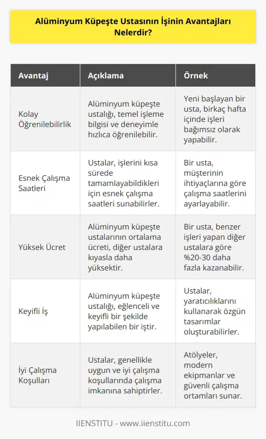 1. İşin çok kolay ve hızlı öğrenilebilir olması: Alüminyum küpeşte ustasının işi, genellikle sadece temel işleme bilgisine ve tecrübeye ihtiyaç duyulduğu için çok kolay ve hızlı öğrenilebilir.  2. Esnek çalışma saatleri: Alüminyum küpeşte ustaları genellikle işlerini çok fazla zaman harcamadan tamamlayabildikleri için esnek çalışma saatleri sunmaktadırlar.  3. İyi ücret: Alüminyum küpeşte ustalarının ortalama ücreti, diğer ustaların ücretlerinden oldukça yüksektir.  4. İşin zevkli olması: Alüminyum küpeşte ustasının işi, çoğu zaman eğlenceli ve keyifli bir şekilde yapılabildiği için zevkli bir iştir.  5. Uygun çalışma koşulları: Alüminyum küpeşte ustalarının çalışma koşulları çoğu zaman oldukça iyi ve uygun koşullarda çalışma imkanı sunmaktadır.