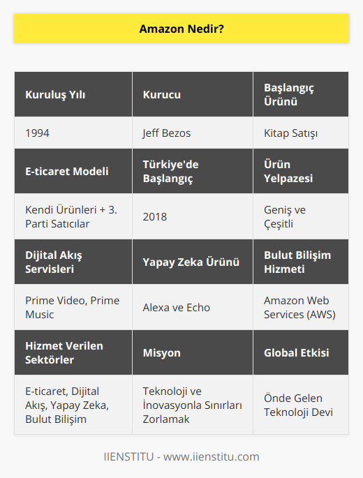 Amazon, dünya çapında öncü bir teknoloji ve e-ticaret devi olarak bilinir ve faaliyetlerini çeşitli alanlarda sürdürmektedir. Kurucusu Jeff Bezos tarafından 1994 yılında kitap satışı ile başlayan macerasına hızla büyüyerek başka alanlara da yayılmasıyla dünyanın en büyük e-ticaret platformlarından biri haline gelmiştir.E-ticaret alanında, Amazon hem doğrudan kullanıcılara ürün satışı gerçekleştiren hem de üçüncü taraf satıcıların kendi ürünlerini sergileyip, satabilmelerine olanak sağlayan bir platformdur. Hemen hemen her türlü ürünü bulabileceğiniz Amazon, gün geçtikçe ürün yelpazesini ve hizmet ağını genişletmektedir. Türkiye'deki kullanıcılar da 2018 yılından itibaren e-ticaret platformunda kendi satışlarını gerçekleştirebilmekte ve Amazon'un geniş ürün yelpazesinde alışveriş yapabilmektedir.Amazon'un diğer önemli alanlarından biri olan dijital akış; film, dizi ve müzik gibi dijital içeriklerin sunulduğu alanları kapsamaktadır. Amazon Prime Video servisi ile kullanıcılar dünya çapında popüler film ve dizilere, Prime Music ile de milyonlarca şarkıya erişebilmektedir.Yapay zekâ, Amazon'un hızla geliştirip yatırım yaptığı bir diğer sektördür. Alexa adını verdikleri yapay zeka asistanı, Amazon Echo adlı akıllı hoparlörlerle birlikte çalışarak kullanıcılara sesli komutlarla işlem yaptırabilme imkanı sunmaktadır.Bulut bilişim alanında ise Amazon Web Services (AWS) ile öne çıkmaktadır. AWS, İnternet üzerindeki uygulama ve hizmetlerin çalıştığı sunucuların, veritabanlarının, analitik hizmet ve yapay zeka gibi işlemleri yapabilme imkanı sağlayan bir bulut bilişim platformudur. AWS, dünya genelinde çok sayıda büyük ve küçük ölçekli şirkete hizmet vermektedir.Sonuç olarak, Amazon sadece e-ticaret olmaktan çok daha öteye geçen, teknoloji ve inovasyonun sınırlarını zorlayarak, çağımızda sürekli gelişen pazarda güçlü bir güç haline gelmiştir. Bu sayede adını dünyanın önde gelen teknoloji devlerinden biri olarak tarihine yazdırmıştır.