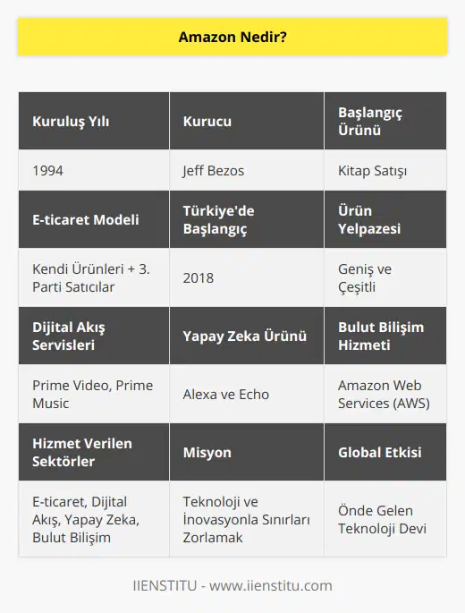 Amazon, dünya çapında öncü bir teknoloji ve e-ticaret devi olarak bilinir ve faaliyetlerini çeşitli alanlarda sürdürmektedir. Kurucusu Jeff Bezos tarafından 1994 yılında kitap satışı ile başlayan macerasına hızla büyüyerek başka alanlara da yayılmasıyla dünyanın en büyük e-ticaret platformlarından biri haline gelmiştir.E-ticaret alanında, Amazon hem doğrudan kullanıcılara ürün satışı gerçekleştiren hem de üçüncü taraf satıcıların kendi ürünlerini sergileyip, satabilmelerine olanak sağlayan bir platformdur. Hemen hemen her türlü ürünü bulabileceğiniz Amazon, gün geçtikçe ürün yelpazesini ve hizmet ağını genişletmektedir. Türkiye'deki kullanıcılar da 2018 yılından itibaren e-ticaret platformunda kendi satışlarını gerçekleştirebilmekte ve Amazon'un geniş ürün yelpazesinde alışveriş yapabilmektedir.Amazon'un diğer önemli alanlarından biri olan dijital akış; film, dizi ve müzik gibi dijital içeriklerin sunulduğu alanları kapsamaktadır. Amazon Prime Video servisi ile kullanıcılar dünya çapında popüler film ve dizilere, Prime Music ile de milyonlarca şarkıya erişebilmektedir.Yapay zekâ, Amazon'un hızla geliştirip yatırım yaptığı bir diğer sektördür. Alexa adını verdikleri yapay zeka asistanı, Amazon Echo adlı akıllı hoparlörlerle birlikte çalışarak kullanıcılara sesli komutlarla işlem yaptırabilme imkanı sunmaktadır.Bulut bilişim alanında ise Amazon Web Services (AWS) ile öne çıkmaktadır. AWS, İnternet üzerindeki uygulama ve hizmetlerin çalıştığı sunucuların, veritabanlarının, analitik hizmet ve yapay zeka gibi işlemleri yapabilme imkanı sağlayan bir bulut bilişim platformudur. AWS, dünya genelinde çok sayıda büyük ve küçük ölçekli şirkete hizmet vermektedir.Sonuç olarak, Amazon sadece e-ticaret olmaktan çok daha öteye geçen, teknoloji ve inovasyonun sınırlarını zorlayarak, çağımızda sürekli gelişen pazarda güçlü bir güç haline gelmiştir. Bu sayede adını dünyanın önde gelen teknoloji devlerinden biri olarak tarihine yazdırmıştır.