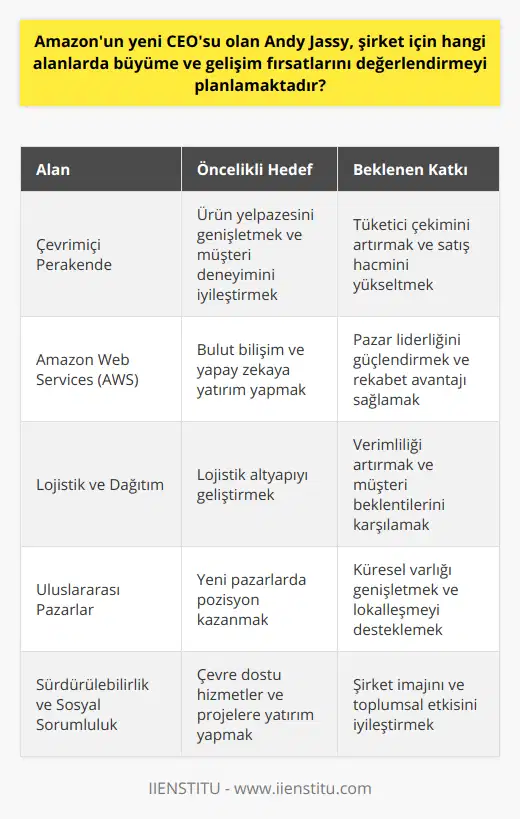 Amazon'un yeni CEO'su Andy Jassy, şirketin büyüme ve gelişim fırsatlarını değerlendirmek istiyor. Bu bağlamda, Jassy'nin önceliklerini belirleyen pek çok alan bulunuyor. Bunlardan birincisi, Amazon'un temel iş kolu olan çevrimiçi perakende sektöründeki büyüme potansiyelini en üst düzeye çıkarmaktır. Bu, şirketin ürün yelpazesini genişleterek ve müşteri deneyimini geliştirerek daha fazla tüketiciyi çekmeye yönelik stratejiler benimseyeceği anlamına gelir.İkinci olarak, Jassy'nin Amazon Web Services'in (AWS) başarısını artırmak ve devam ettirmek için çalıştığı biliniyor. Böylece, bulut bilişim ve yapay zeka gibi yeni nesil teknolojilere daha fazla yatırım yaparak, şirketin pazar lideri konumunu güçlendirmesi ve rekabet avantajı sağlaması bekleniyor.Üçüncü olarak, Amazon'un lojistik ve dağıtım altyapısını geliştirerek, ürünlerin müşterilere daha hızlı ve verimli bir şekilde ulaştırılması amaçlanmaktadır. Bu, Amazon'un müşteri beklentilerini ve sürekli değişen çevreye uyum sağlama yeteneğini artıracaktır.Dördüncü olarak, Jassy'nin Amazon'un küresel pazardaki büyüme fırsatlarını değerlendirerek, şirketin uluslararası pazarlarda varlık gösterme ve başarı sağlama hedeflerini detaylı olarak incelemesi beklenmektedir. Bu, şirketin yeni coğrafyalarda lansman yapma, yerel tedarikçilerle ortaklık kurma veya satın almalar yaparak yeni pazarlara girmesi anlamına gelebilir.Son olarak, Andy Jassy’nin Amazon'un sürdürülebilirlik ve sosyal sorumluluk projelerine de yatırım yaparak, şirketin sosyal ve çevresel etkisini yönetme ve iyileştirme çabalarına destek olması beklenmektedir. Bu, müşterilere ve topluma daha duyarlı-çevre dostu hizmetler sunarak, şirketin imajını ve itibarını güçlendirecektir.Sonuç olarak, Amazon'un yeni CEO’su Andy Jassy'nin, şirketin büyüme ve gelişim fırsatlarını değerlendirme planları, Amazon'un çevrimiçi perakende, ileri teknoloji, lojistik ve dağıtım, uluslararası pazarlar ve sürdürülebilirlik alanlarında daha da büyümesine ve başarı sağlamasına katkı sağlayacaktır.