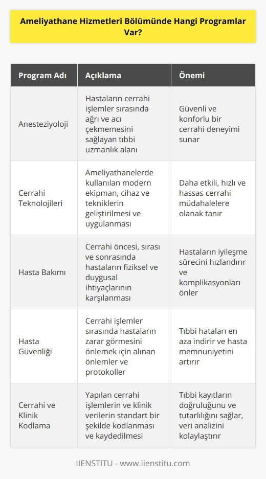 Ameliyathane Hizmetleri Bölümünde, anesteziyoloji, cerrahi teknolojileri, hasta bakımı, hasta güvenliği, cerrahi ve klinik kodlama, hastane personeli eğitimi, hasta kayıtları ve veri güvenliği gibi birçok program bulunur.