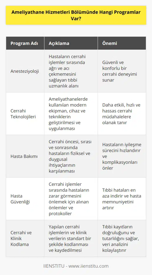 Ameliyathane Hizmetleri Bölümünde, anesteziyoloji, cerrahi teknolojileri, hasta bakımı, hasta güvenliği, cerrahi ve klinik kodlama, hastane personeli eğitimi, hasta kayıtları ve veri güvenliği gibi birçok program bulunur.
