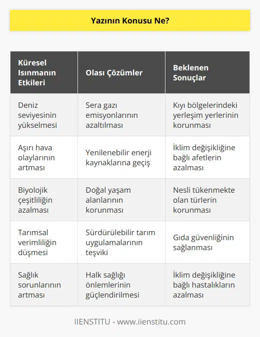 Yazının konusu, küresel ısınmanın etkileri ve bu etkileri hafifletmeye yönelik çözümlerdir.