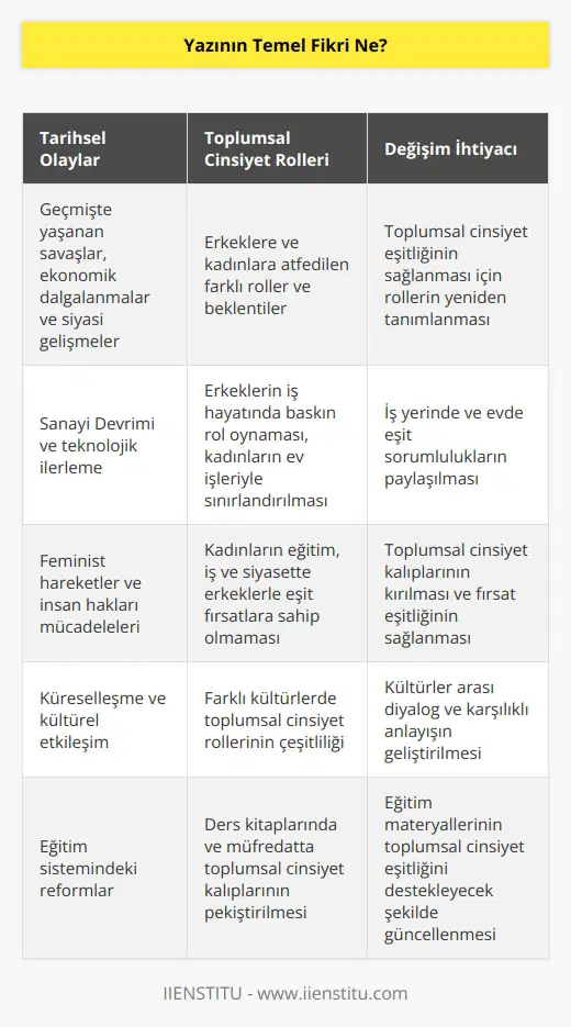 Yazının temel fikri, insanların tarihsel olayların bir sonucu olarak    oynadıklarını ve bunun toplumsal cinsiyet ayrımcılığının önüne geçmek için değiştirilmesi gerektiğini vurgulamaktır.