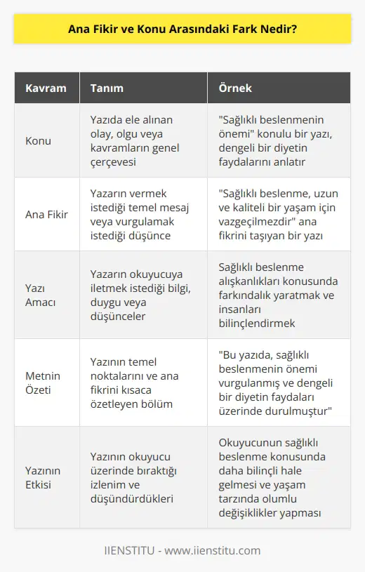 Bir yazının konusu; aktarılan olay, olgu ve kavramlardan basitçe bahseder. Bir yazının ana fikri ise genel metnin özeti niteliğindedir. Yazarın yazış amacını ve vurgulamak istediği düşünceyi ifade eder.