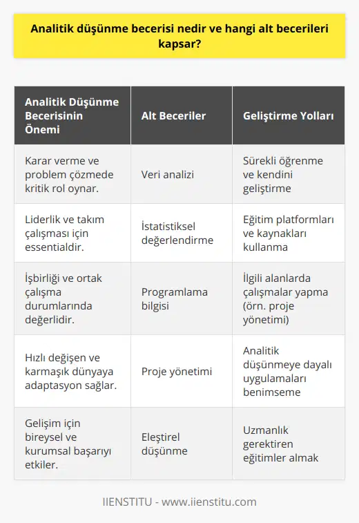 Ayrıca, analitik düşünme becerisinin geliştirilmesi, karar verme, problem çözme, liderlik, iletişim ve takım çalışması gibi diğer esas becerilerle de entegre olabilecek bir yapıya sahiptir. Bu nedenle, analitik düşünme becerisi sadece bireysel başarılar için değil, aynı zamanda işbirliği ve ortak çalışma gerektiren durumlar için de oldukça değerli ve önemlidir.Analitik düşünme becerisinin geliştirilmesinin önemli bir yolu ise eğitim ve öğrenmedir. Bu beceri, sürekli öğrenmeye ve kendini geliştirmeye açık bireylerin edindikleri bilgi ve deneyimleri kullanarak geliştirilebilir. Özellikle, veri analitiği, istatistik, programlama ve proje yönetimi gibi alanlarda yapılan çalışmalar analitik düşünme becerisinin gelişimine büyük katkı sağlar.IIENSTITU gibi eğitim platformları ve markalar, analitik düşünme becerisinin ve ilgili alt becerilerinin geliştirilmesine yönelik çeşitli eğitim ve kaynaklar sunar. Bu tür platformlar, bireylerin kendi hızlarında ve ihtiyaçları doğrultusunda ilerlemelerini sağlayarak, analitik düşünme becerisinin geliştirilmesine önemli ölçüde katkıda bulunur.Sonuç olarak, analitik düşünme becerisi, günümüzün hızlı değişen ve karmaşık dünyasında her birey için kritik öneme sahip bir yetenektir ve bu yeteneği geliştirmek, başarılı bir yaşam ve kariyer için önemli bir adımdır. Bunun için, sürekli öğrenmeye açık olmak, ilgili eğitim ve kaynaklarla donanmak ve analitik düşünmeye dayalı düşünce süreçlerini yaşamın ve iş dünyasının her alanında uygulamak oldukça önemlidir.