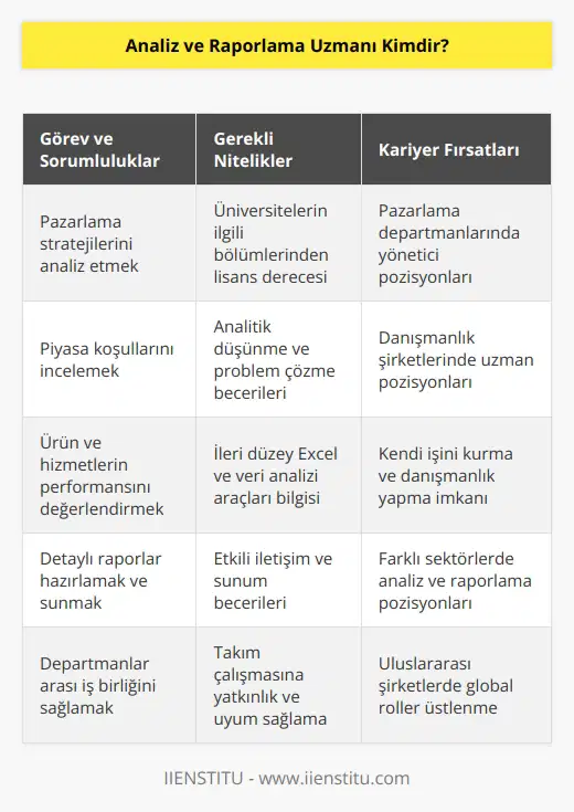 Analiz ve raporlama uzmanı, yer aldığı sektörde pazarlama stratejilerini, ni, piyasa koşullarını incelemekten sorumlu olan kişidir. Yaptığı araştırmalara göre ilgi duyulan ürün ve hizmetleri analiz eder ve artışları değerlendirmeye yönelik raporlama yapar. Bu alanda çalışmak isteyen kişilerden üniversitelerin ilgili bölümlerinden lisans seviyesinde mezuniyet şartı aranır.