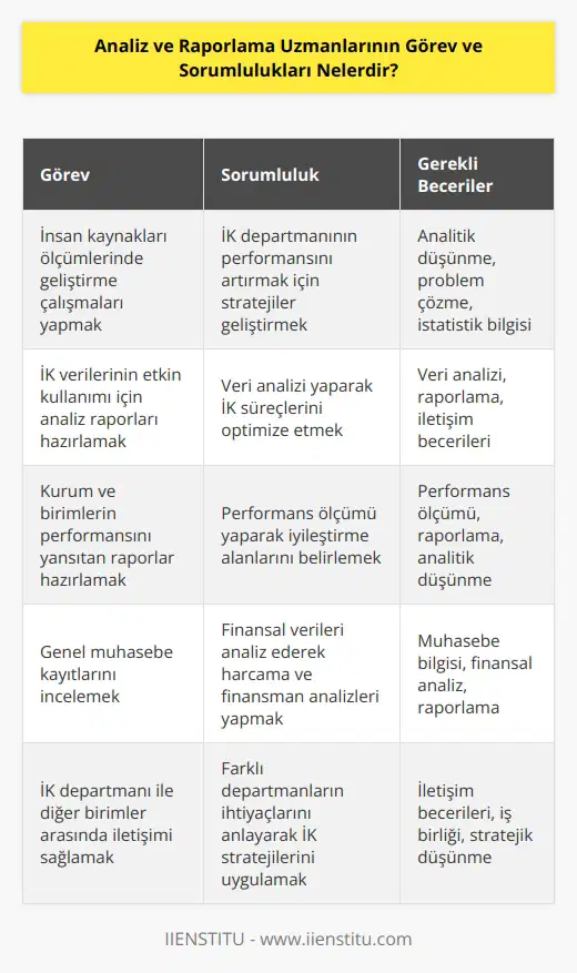 Analiz ve raporlama uzmanı temel insan kaynakları ölçümlerinde geliştirme ve raporlama çalışmaları yapan kişidir. İnsan kaynakları yönetimden ulaşılan verilerin daha etkin kullanımı için analiz raporları hazırlar. Kurum ve birimlerin performansını yansıtan raporlar hazırlar ve genel muhasebe kayıtlarını inceleyerek harcama ve finansman analizleri yapmaktan sorumludur.