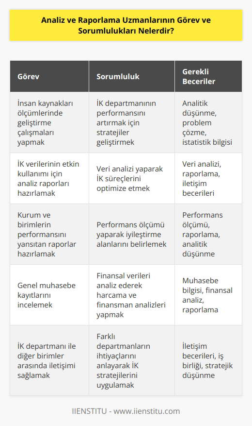 Analiz ve raporlama uzmanı temel insan kaynakları ölçümlerinde geliştirme ve raporlama çalışmaları yapan kişidir. İnsan kaynakları yönetimden ulaşılan verilerin daha etkin kullanımı için analiz raporları hazırlar. Kurum ve birimlerin performansını yansıtan raporlar hazırlar ve genel muhasebe kayıtlarını inceleyerek harcama ve finansman analizleri yapmaktan sorumludur.