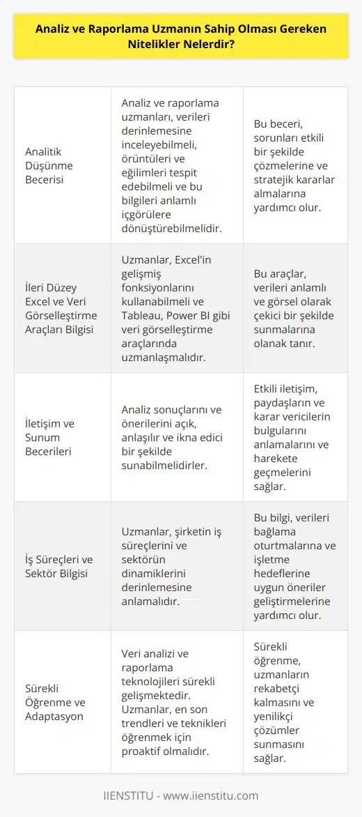 Analiz ve raporlama uzmanı finansal yönetim şekilleri için tasarım ve çözümler geliştirebilme becerisine sahip olmalılar. İyi derecede dokümantasyon kabiliyetine sahip olmalı, analitik ve matematiksel   ne sahip olmaları gerekir. Analizleri çözümleyebilmeli ve hazırladığı raporları anlaşılır bir şekilde sunabilecek   ne sahip olmaları gerekir.