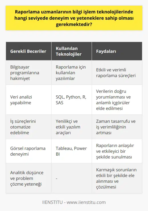 Raporlama uzmanlarının bilgi işlem teknolojilerinde sahip olması gereken deneyim ve yetenekler konusunda belirli bir düzey söz konusudur. Öncelikli olarak, bu uzmanların bilgisayar programlarına hakim olmaları ve raporlama için kullanılan yazılımları iyi bir şekilde bilmeleri beklenir. Bilgi işlem teknolojileri kullanırken veri analizi yapabilme becerisi, iş süreçlerini otomatize edebilme ve bu süreçlerin yenilikçi ve etkili bir biçimde uygulanabilmesi önemlidir. Aynı zamanda, raporlama uzmanlarının, özellikle veri tabanlarına erişim ve verileri analiz etmede kullanılan çeşitli yazılım araçlarıyla deneyimli olmaları gerekmektedir. Bu araçlar genellikle SQL, Python, R, SAS gibi dil ve programları içerir. Ayrıca, görsel raporlama araçlarıyla (örneğin, Tableau veya Power BI) deneyim sahibi olunması da oldukça yararlıdır. Raporlama uzmanlarının problemleri çözme yetenekleri, analitik düşünceleri ve detaylara odaklanma yetenekleri de oldukça önemlidir. Sunum ve iletişim becerileri de elzemdir çünkü raporlama uzmanlarının bulgularını ve analizlerini diğer takım üyelerine ve karar vericilere açıklayabilmeleri, anlaşılır ve etkili bir şekilde sunabilmeleri gereklidir. Dolayısıyla, raporlama uzmanlarının bilgi işlem teknolojilerinde ileri derecede yetenek ve deneyim sahibi olması, hem analitik hem de teknik becerilere sahip olmaları ve bu becerilerini etkili bir şekilde uygulayabilmeleri beklenmektedir. Bu yetenekler, kurumların karar alma süreçlerinde önemli roller üstlemelerini sağlar ve dolayısıyla kurumların hedeflerine daha hızlı ulaşmalarına yardımcı olur.