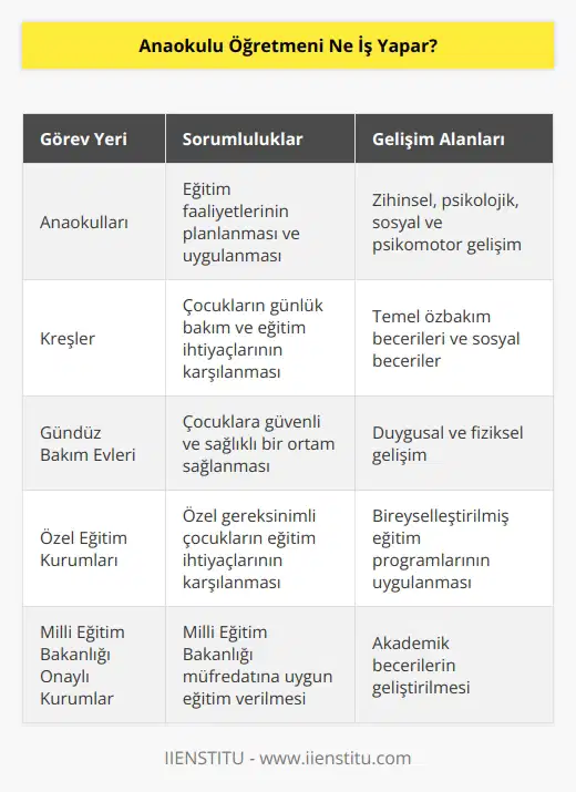 Anaokulu öğretmenleri kamu ya da Milli Eğitim Bakanlığı tarafından onaylanmış özel eğitim kurumlarında görev yapabilirler. Anaokulları, kreşler, gündüz bakım evleri çalışma alanlarıdır. Okul önceki dönemdeki çocukların zihinsel, psikolojik, sosyal ve psikomotor gelişimleri için eğitim faaliyetlerinin planlanması ve uygulamasından sorumludurlar.