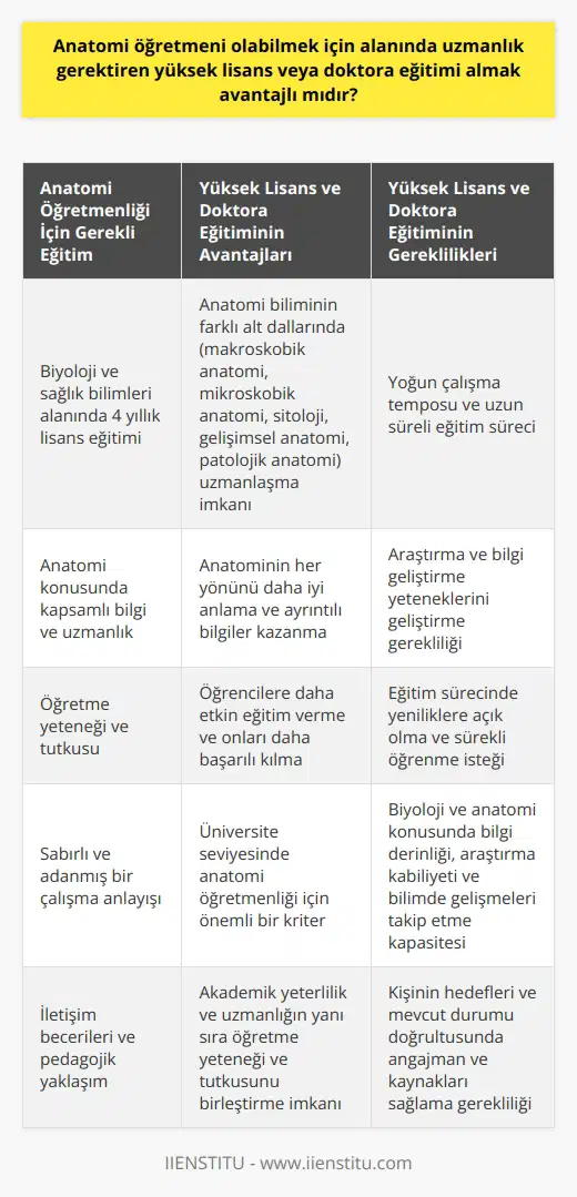 Anatomi öğretmeni olmak için genelde biyoloji ve sağlık bilimleri alanında 4 yıllık eğitim veren bölümlerden mezun olmak gerekmektedir. Ancak, anatomi öğretmeni olabilmek için belirgin bir avantaj sağlayan yüksek lisans veya doktora eğitimi, alanın derinlemesine anlaşılması ve bilginin geliştirilmesi açısından önem taşır. Anatomi, vücudun organlarını, dokularını ve sistemlerini inceleyen bir bilim dalı olduğu için öğretmenlerinin geniş çerçevede bilgi ve uzmanlık sahibi olmaları gerekir.  Yüksek lisans ve doktora eğitimleri, anatomi biliminin farklı alt dallarında -makroskobik anatomi, mikroskobik anatomi, sitoloji, gelişimsel anatomi, patolojik anatomi - uzmanlaşmayı sağlar. Bu eğitimler sayesinde öğretmenler, anatominin her yönünü daha iyi anlar ve ayrıntılı bilgiler kazanır. Yüksek lisans veya doktora eğitimi ile geliştirilen öğretmenler, öğrencilerine daha etkin eğitim verebilir ve onları daha başarılı kılabilirler.  Özellikle üniversite seviyesinde anatomi öğretmeni olmayı hedefleyen bireyler için yüksek lisans ve doktora eğitimleri önemli bir kriter olabilir. Bu seviyede anatomi eğitimi veren öğretmenlerin, araştırma ve bilgi geliştirme yetenekleri gelişmiş olmalı, eğitim sürecinde yeniliklere açık ve sürekli öğrenme peşinde olmalıdır. Biyoloji ve anatomi konusunda bilgi derinliği, araştırma kabiliyeti ve bilimde gelişmeleri takip etme kapasitesi, alınan yüksek lisans ve doktora eğitimlerinin en önemli kazanımlarıdır.   Kısacası, anatomi öğretmeni olmanın gerektirdiği bilgi birikimi ve uzmanlık, yüksek lisans ve doktora gibi üst düzey eğitimlerle erişilebilir hale gelir. Bu tür bir eğitim, anatomi öğretmeni olmayı hedefleyenler için önemli ölçüde avantaj sağlar. Ancak, bu süreci tamamlamanın gerektirdiği angajman ve kaynakları sağlamak, kişinin kendi hedefleri ve mevcut durumu doğrultusunda düşünülmesi gereken bir konudur. Çünkü anatomi öğretmeni olmak, sadece akademik yeterlilik ve uzmanlık değil, aynı zamanda öğretme yeteneği ve tutkusu, sabır gerektiren bir iştir. Sonuç olarak, yüksek lisans ve doktora eğitimleri, anatomi öğretmeni olmayı hedefleyenler için kesinlikle avantaj sağlar, ancak bu eğitimlerin zorlukları ve gereklilikleri konusunda bilinçli olmak önemlidir.