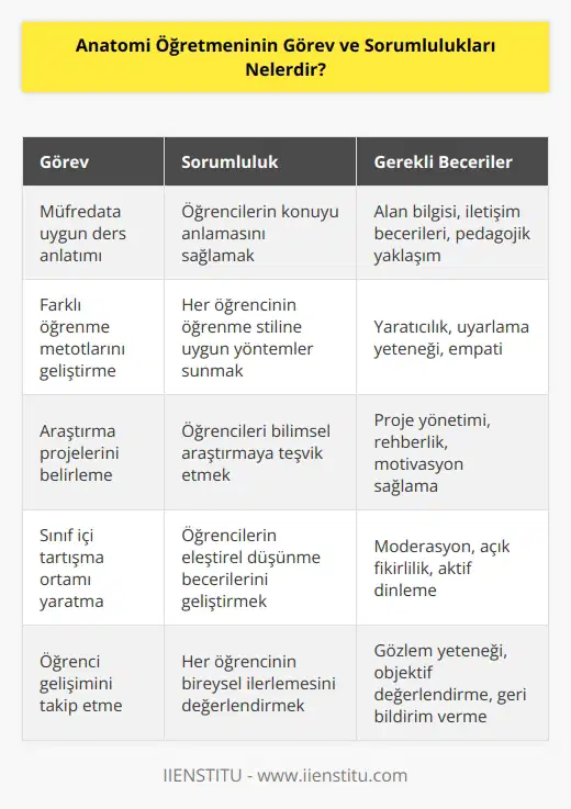 Anatomi öğretmeni, belirlenen müfredat çerçevesinde anatomi konularını öğrencilerine anlatan kişidir. Öğrencilerin derse katılımını sağlamak için farklı öğrenme metotları geliştirir aynı zamanda çeşitli    belirleyerek, öğrencileri araştırmaya teşvik etmeye çalışır. Sınıf içinde konuları karşılıklı tartışma ortamı yaratarak, öğrencilerin    yapısına sahip olmalarını sağlar.