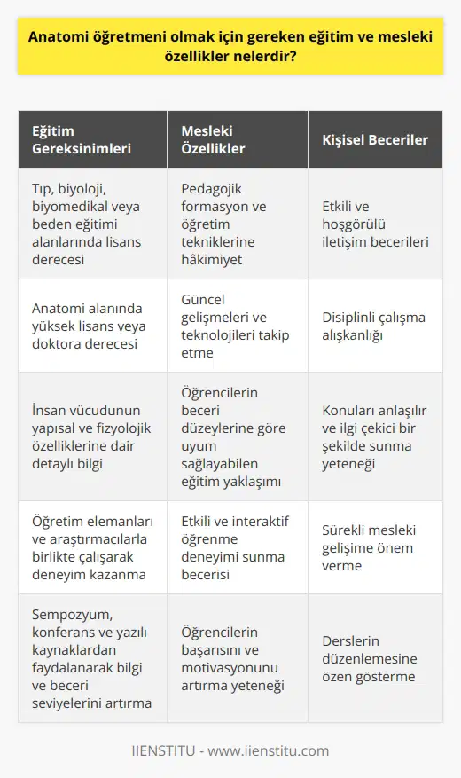 Anatomi Öğretmeni Olmak İçin Gereken Eğitim Anatomi öğretmeni olmak isteyen kişilerin öncelikle üniversitede tıp, biyoloji, biyomedikal veya beden eğitimi gibi ilgili alanlarda lisans düzeyinde eğitim alması gerekmektedir. Bu eğitim sürecinde öğrenciler, insan vücudunun yapısal ve fizyolojik özelliklerini detaylı olarak öğrenirler. Lisans eğitiminin ardından, anatomi alanında uzmanlaşmak isteyenler yüksek lisans ve doktora dereceleri elde etmelidir. Bu süreçte öğretim elemanları ve araştırmacılarla birliktr çalışarak daha fazla deneyim ve bilgi birikimi kazanırlar. Mesleki Özellikler ve Yetkinlikler Anatomi öğretmeni olmak için bireylerin sahip olması gereken mesleki özellikler arasında pedagojik formasyon ve öğretim tekniklerine hakim olma önemli bir yer tutar. Öğrencilere anatomi öğretirken, ni dikkate alan ve öğrencilerin beceri düzeylerine göre uyum sağlayabilen bir eğitim yaklaşımı sergilemek oldukça önemlidir. Ayrıca, öğretmenlerin güncel gelişmeler ve teknolojileri takip etmeleri de gerekir. Bu sayede öğrencilere daha etkili ve interaktif bir öğrenme deneyimi sunabilirler. İletişim ve Organizasyon Becerileri İyi bir anatomi öğretmeni, öğrenciler ve meslektaşlar ile etkili ve hoşgörülü bir iletişim kurabilmelidir. Öğrencilere anlaşılır ve ilgi çekici bir şekilde konuları sunarak onların başarısını ve motivasyonunu artırır. Aynı zamanda, öğretmenler disiplinli çalışma alışkanlığına sahip olmalı ve derslerinin düzenlemesine özen göstermelidir. Sürekli Mesleki Gelişim Anatomi öğretmenlerinin başarılı bir kariyer sürdürebilmeleri için sürekli mesleki gelişime önem vermeleri gerekmektedir. Bu amaca hizmet eden sempozyum, konferans ve yazılı kaynaklardan faydalanarak bilgi ve beceri seviyelerini artırabilirler. Böylece, öğrencilere en iyi öğrenme deneyimini sunarak ve hizmet verdikleri alanlarda başarılı sonuçlar elde ederek mezun olan öğrencilerin iş bulma oranlarını ve akademik başarılarını önemli ölçüde etkileyebilirler.