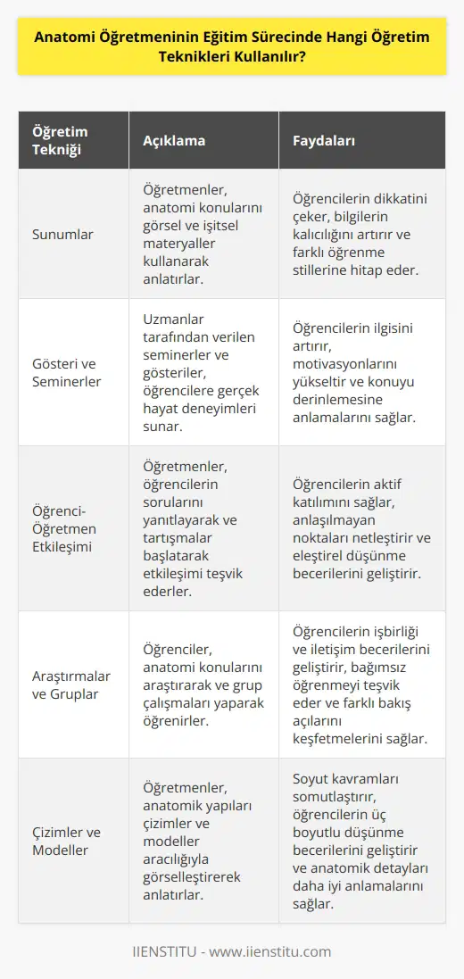 Anatomi öğretmenleri çeşitli öğretim teknikleri kullanarak öğrencilerine anatomi konularını öğretmeye çalışırlar. Öğretim teknikleri arasında sunumlar, gösteri ve seminerler, öğrenci-öğretmen etkileşimi, araştırmalar ve gruplar, çizimler ve çizimler, etkileşimli öğrenme ve laboratuar deneyleri bulunmaktadır.