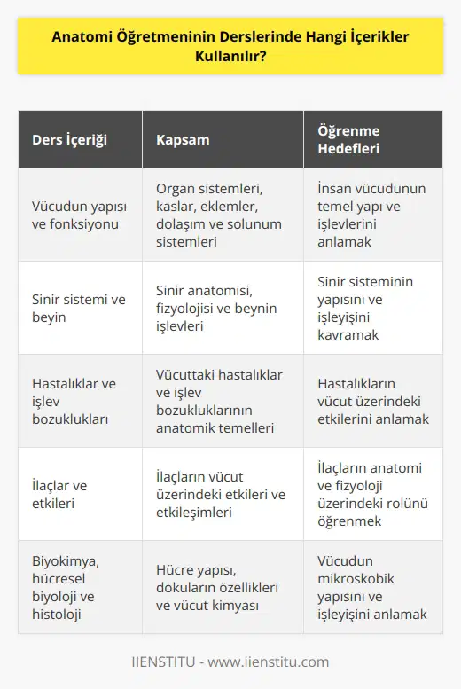 Anatomi öğretmenleri birçok farklı ders içeriği kullanabilirler. Bunlar arasında, vücudun yapısı ve fonksiyonu, organ sistemleri, kaslar ve eklemler, dolaşım ve solunum sistemleri, sinir sistemi ve beyin, sinir anatomisi ve fizyolojisi, hastalıklar veya vücudun işlev bozuklukları ile ilgili temalar, ilaçlar ve ilaçların etkileri, biyokimya ve hücresel biyoloji, embriyoloji, gelişimsel anatomi ve histoloji yer alıyor.