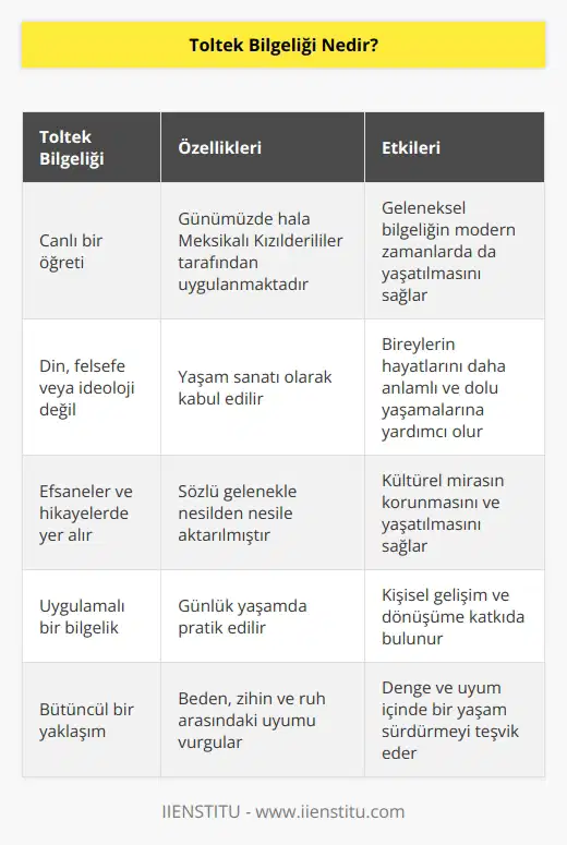 Toltek bilgeliği yalnızca efsanelerde ve hikayelerde var olan bir gelenek değil, bugün hala bir kısım Meksikalı Kızılderilileri tarafından uygulanan canlı bir öğretidir. Toltek bir din değil bir felsefe değil, bir ideoloji değil bir yaşam sanatı uygulayıcısıdır.
