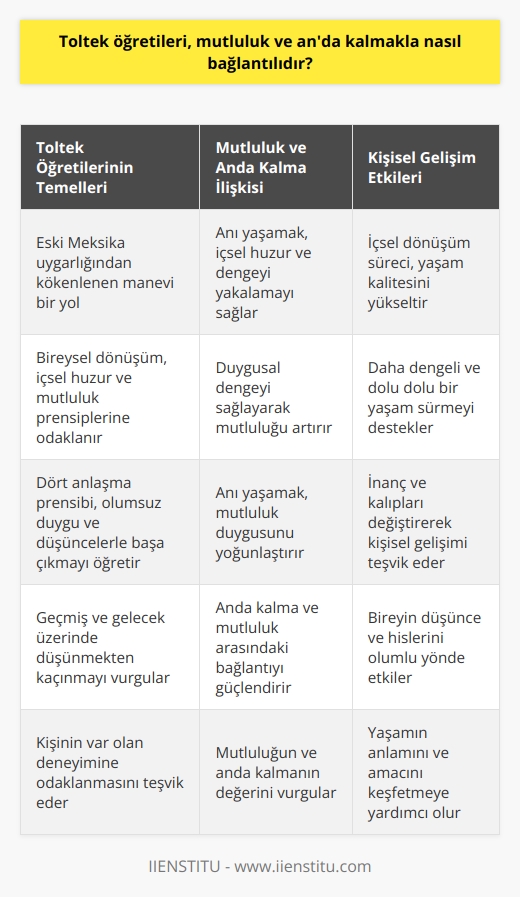 Toltek Öğretileri ve Mutluluk İlişkisi  Toltek öğretileri, kökenleri Meksikanın eski bir uygarlığına dayanan, bireysel dönüşüm, içsel huzur ve mutluluk prensiplerine odaklanan manevi bir yol olarak kabul edilir. Bu öğretilerde, mutluluk ve anda kalmak kavramları önemli bir yer tutar ve birbirleriyle yakından bağlantılıdır.  Anı Yaşamanın Önemi  Toltek öğretilerinin ana hedeflerinden biri, bireyin anı yaşamasını ve sürekli olarak geçmiş ya da gelecek üzerinde düşünmekten kaçınmasını sağlamaktır. Anı yaşamak, bireyin var olan deneyimine odaklanarak, zihinsel ve duygusal olarak mevcut durumu değerlendirmesini ve yaşamasını ifade eder. Bu şekilde, birey içsel huzur ve dengeyi yakalar ve mutluluk duygusunu daha yoğun bir şekilde deneyimler.  Duygular ve Yargılarla Başa Çıkma  Toltek öğretileri aynı zamanda, duygularımızı ve iç dünyamızdaki yargılarımızı anlamaya çalışarak, onlarla daha etkin bir şekilde başa çıkmamızı öğretir. Kişi, öğretilerde yer alan dört anlaşma prensibini uygulayarak, olumsuz duygu ve düşüncelerin etkisini azaltabilir ve duygusal dengeyi sağlayabilir. Bu durum, anda kalmak ve mutlu olmak arasındaki bağlantıyı güçlendirir.  İçsel Dönüşüm Süreci  Toltek öğretileri, kişisel içsel dönüşüm sürecinin önemine vurgu yapar. Bu süreç, bireyin nasıl hissettiğini ve düşündüğünü etkileyen inanç ve kalıplarını değiştirmeyi amaçlar. İçsel dönüşüm, anı yaşama ve mutluluk duygularına ulaşmada önemli bir adımdır. Birey, öğretilerde sunulan yöntem ve pratiklerle bu süreci başlatarak, mutluluğun ve anda kalmanın faydalarını daha iyi anlayabilir.  Sonuç olarak, Toltek öğretileri, mutluluk ve anda kalmak kavramlarını birbirine bağlayarak, bireyin yaşam kalitesini yükseltmeyi ve içsel dönüşümü gerçekleştirmeyi amaçlar. Bu öğretilerde yer alan prensip ve yöntemler, anı yaşamanın ve mutlu olmanın değerinin farkına vararak, bireyin daha dengeli ve dolu dolu bir yaşam sürmesini sağlar.