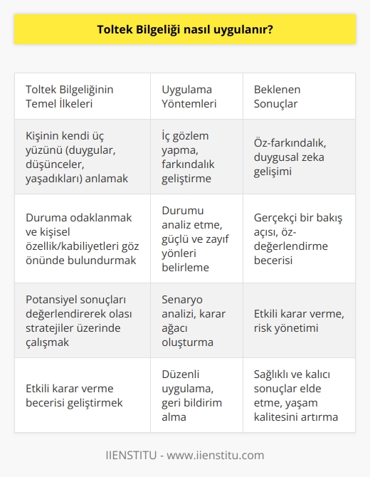 Toltek Bilgeliği, meydana gelen her durumda doğru karar vermeyi sağlamak için birçok farklı yaklaşım kullanır. Öncelikle, kişinin kendi üç yüzünü (yani duygularını, düşüncelerini ve yaşadıklarını) anlamaya çalışması gerekir. Daha sonra, söz konusu duruma odaklanarak, insanın kendi kişisel özellik ve kabiliyetlerini göz önünde bulundurması gerekiyor. Ardından, kişi, potansiyel sonuçları göz önünde bulundurarak, karar verme sürecini daha kolay hale getirebilecek olası stratejiler üzerinde çalışmalıdır. Bu yaklaşım, kişinin etkili bir şekilde karar verme becerisine sahip olmasını sağlayarak, sağlıklı ve kalıcı sonuçlar elde etmesini mümkün kılar.