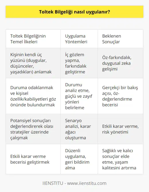 Toltek Bilgeliği, meydana gelen her durumda doğru karar vermeyi sağlamak için birçok farklı yaklaşım kullanır. Öncelikle, kişinin kendi üç yüzünü (yani duygularını, düşüncelerini ve yaşadıklarını) anlamaya çalışması gerekir. Daha sonra, söz konusu duruma odaklanarak, insanın kendi kişisel özellik ve kabiliyetlerini göz önünde bulundurması gerekiyor. Ardından, kişi, potansiyel sonuçları göz önünde bulundurarak, karar verme sürecini daha kolay hale getirebilecek olası stratejiler üzerinde çalışmalıdır. Bu yaklaşım, kişinin etkili bir şekilde karar verme becerisine sahip olmasını sağlayarak, sağlıklı ve kalıcı sonuçlar elde etmesini mümkün kılar.