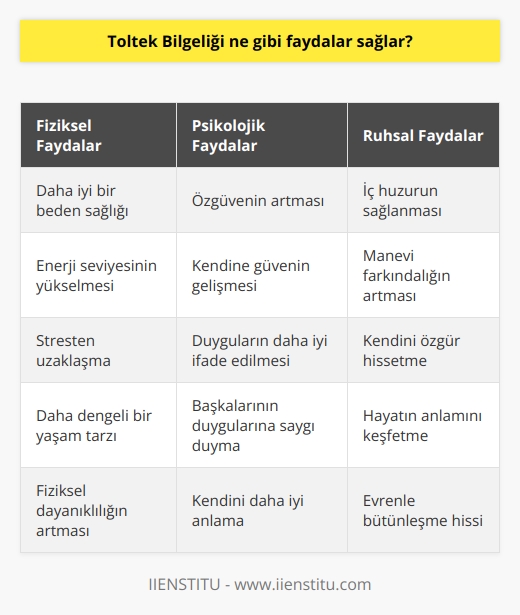 Toltek Bilgeliği, insanların fiziksel, psikolojik, duygusal ve ruhsal dengesini sağlamayı ve hayatlarının kontrolünü eline almayı amaçlayan bir öğreti olarak kabul edilir. Bu öğreti, insanların özgüvenlerini arttırmaya, kendilerine güven ve kendilerine olan sevgiyi artırmaya, çevresel faktörlerin etkisinden kurtulmaya ve kendini özgür hissetmeye yardımcı olan faydalar sağlar. Ayrıca, bu öğreti, insanların kendilerini daha iyi ifade etmelerini, kendilerini daha iyi anlamalarını ve başkalarının duygularına saygı duymalarını kolaylaştırır.
