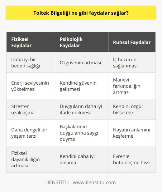 Toltek Bilgeliği, insanların fiziksel, psikolojik, duygusal ve ruhsal dengesini sağlamayı ve hayatlarının kontrolünü eline almayı amaçlayan bir öğreti olarak kabul edilir. Bu öğreti, insanların özgüvenlerini arttırmaya, kendilerine güven ve kendilerine olan sevgiyi artırmaya, çevresel faktörlerin etkisinden kurtulmaya ve kendini özgür hissetmeye yardımcı olan faydalar sağlar. Ayrıca, bu öğreti, insanların kendilerini daha iyi ifade etmelerini, kendilerini daha iyi anlamalarını ve başkalarının duygularına saygı duymalarını kolaylaştırır.