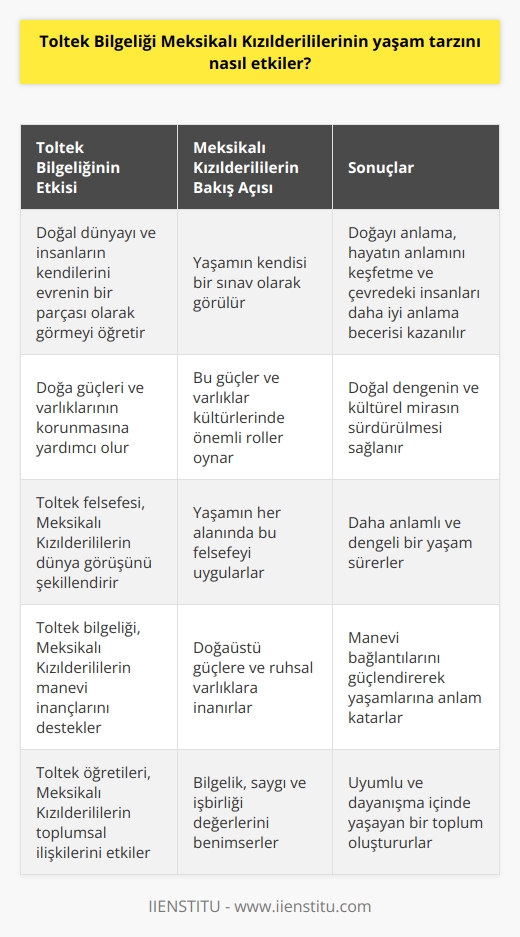 Toltek Bilgeliği, Meksikalı Kızılderililerinin yaşam tarzını önemli ölçüde etkilemiştir. Toltek tarzı bilgelik, doğal dünyayı ve insanların kendilerini evrenin bir parçası olarak görmeyi öğretmiştir. Meksikalı Kızılderililer, bu felsefeye göre yaşamın kendisi bir sınav olarak görülür. Bu bilgelik, onlara doğayı anlamaya, kendi hayatlarının anlamını keşfetmeye ve çevrelerindeki insanları daha iyi anlamaya yardımcı olmuştur. Toltek felsefesi, aynı zamanda onların kültürlerinde önemli roller oynayan doğa güçleri ve varlıklarının korunmasına da yardımcı olmuştur.