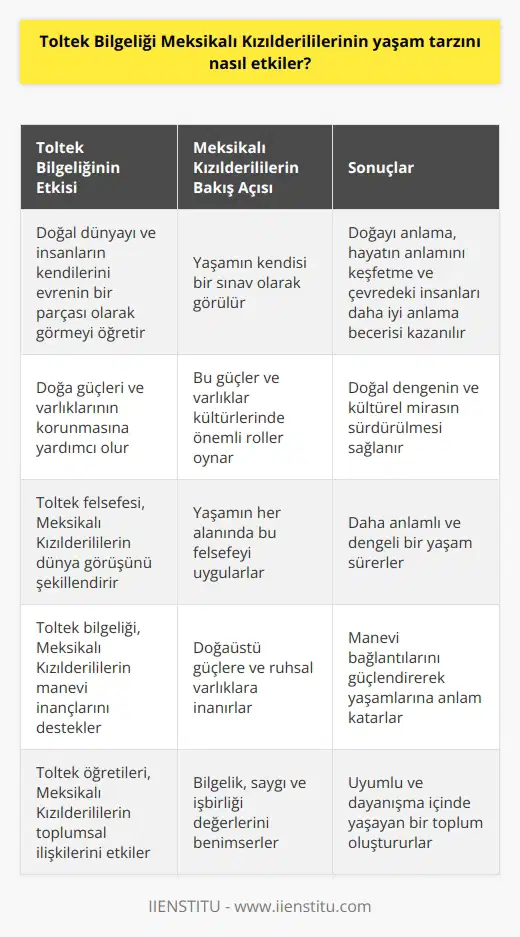 Toltek Bilgeliği, Meksikalı Kızılderililerinin yaşam tarzını önemli ölçüde etkilemiştir. Toltek tarzı bilgelik, doğal dünyayı ve insanların kendilerini evrenin bir parçası olarak görmeyi öğretmiştir. Meksikalı Kızılderililer, bu felsefeye göre yaşamın kendisi bir sınav olarak görülür. Bu bilgelik, onlara doğayı anlamaya, kendi hayatlarının anlamını keşfetmeye ve çevrelerindeki insanları daha iyi anlamaya yardımcı olmuştur. Toltek felsefesi, aynı zamanda onların kültürlerinde önemli roller oynayan doğa güçleri ve varlıklarının korunmasına da yardımcı olmuştur.