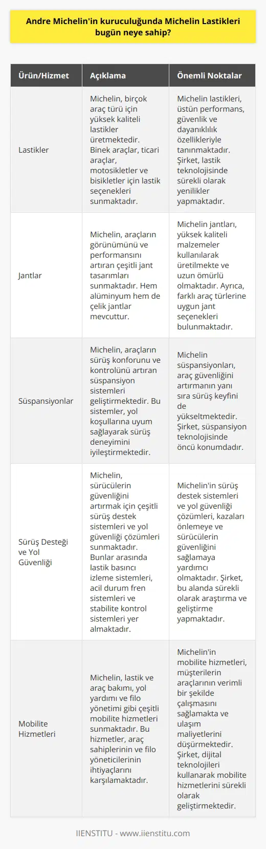 Michelin Lastikleri bugün dünya çapında lider olarak tanınan bir otomotiv sektörü şirketine sahiptir. Şirket, lastiklerin yanı sıra, jantlar, süspansiyonlar, sürüş desteği, yol güvenliği, mobilite ve ticari araçlar için de ürünler ve hizmetler sunmaktadır.