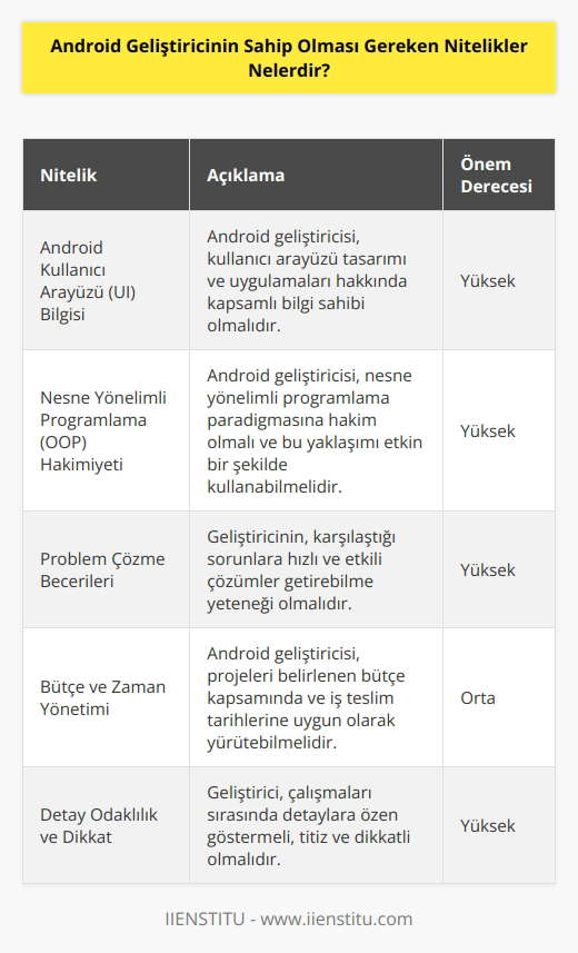Android geliştirici, android    (UI)   ne hakim kalıp ve uygulamaları hakkında bilgi sahibi olması gerekir. Nesne yönelimli programlama (object oriented)   sine de hakim olmalı problemler karşısında hızlı ve etkili çözümler getirebilmelidir. Bütçe kapsamında ve iş teslim tarihlerine uygun çalışmalar yürütmeli aynı zamanda çalışmaları sırasında detay odaklı çalışmalı, titiz ve dikkatli olmalıdır.