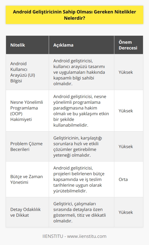 Android geliştirici, android    (UI)   ne hakim kalıp ve uygulamaları hakkında bilgi sahibi olması gerekir. Nesne yönelimli programlama (object oriented)   sine de hakim olmalı problemler karşısında hızlı ve etkili çözümler getirebilmelidir. Bütçe kapsamında ve iş teslim tarihlerine uygun çalışmalar yürütmeli aynı zamanda çalışmaları sırasında detay odaklı çalışmalı, titiz ve dikkatli olmalıdır.