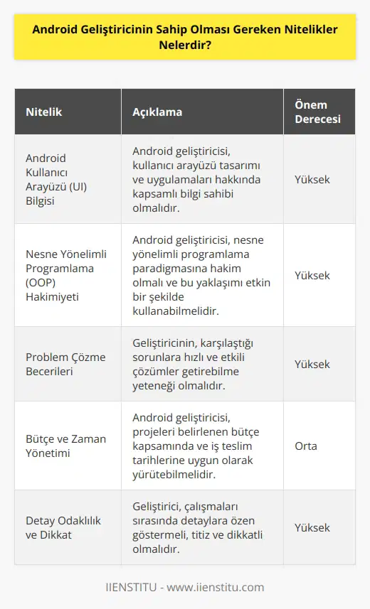Android geliştirici, android (UI) ne hakim kalıp ve uygulamaları hakkında bilgi sahibi olması gerekir. Nesne yönelimli programlama (object oriented) sine de hakim olmalı problemler karşısında hızlı ve etkili çözümler getirebilmelidir. Bütçe kapsamında ve iş teslim tarihlerine uygun çalışmalar yürütmeli aynı zamanda çalışmaları sırasında detay odaklı çalışmalı, titiz ve dikkatli olmalıdır.