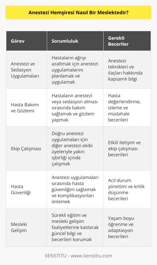 Anestezi hemşiresi, hastalara anestezi ve sedasyon uygulamalarını sağlamakla yükümlü olan bir meslektir. Anestezi hemşireleri, dişçilerin, cerrahların ve diğer tıbbi uygulamaların yanı sıra, hastalarının ağrıyı azaltmak için anestezi uygulamalarını planlamak ve uygulamakla sorumludur. Anestezi hemşireleri, hastanın anestezi alması veya sedasyon alması sırasında bakım sağlamak ve gözlem yapmakla da sorumludur. Ayrıca, hastalara doğru anestezi uygulamalarını sağlamak için diğer anestezi ekibinin üyeleriyle de yakın bir işbirliği içinde çalışırlar.
