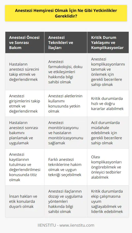 Anestezi hemşireliği için gerekli yetkinlikler, anestezi öncesi ve sonrası bakım konularına ilişkin teorik bilgi ve beceri, anestezi teknikleri ve   leri, anestezi müdahalelerinde kritik durum yaklaşımı, hastaların anestezi sürecini takip etmek ve değerlendirmek, anestezi girişimlerini takip etmek, anestezi müdahalelerini değerlendirmek, anestezi komplikasyonlarını tanımak ve önlemek, anestezi farmakolojisi, doku ve etkileşimleri, anestezi aletlerinin kullanımı, anestezi monitörizasyonu ve hastaların monitörizasyonu, anestezi kayıtlarının tutulması ve değerlendirilmesi, hastaların anestezi sonrası bakımının planlanması, insan hakları ve etik konuları gibi konularda yetkin olmalıdır.