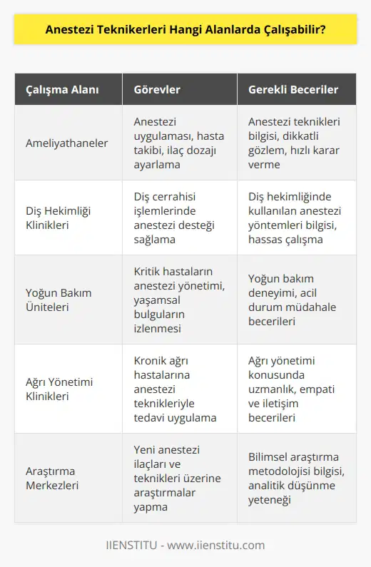 Anestezi teknikerleri, anesteziyi ve anestezi tekniklerini destekleyen çeşitli alanlarda çalışabilir. Anestezi teknikerleri, anesteziyi uygulayacak ve anestezi bilgisini, teknikleri veya ilaçlarını kullanacak olan doktorlar veya diş hekimleri tarafından desteklenen hasta bakımı, cerrahi veya diğer anestezi hizmetleri sunmak için kullanılabilir. Ayrıca, anestezi teknikerleri, cerrahi alanında veya diş hekimliğinde anestezi teknikleri veya ilaçlarını kullanmak veya anestezi desteği vermek için kullanılabilir. Anestezi teknikerleri ayrıca hasta bilgisi veya hasta kayıtlarını güncellemek veya izlemek, ilaçların alımını veya dozunu ayarlamak ve diğer hasta bakım hizmetlerini de sunabilir.