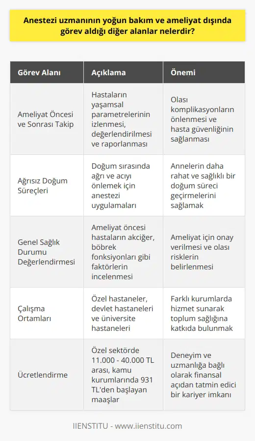 Anestezi Uzmanının Diğer Görev Alanları  Anestezi uzmanları, cerrahi operasyonlar ve yoğun bakım hizmetleri dışında da önemli görevlere sahiptir. Bu görevlerin başında, hastaların ameliyat öncesi ve sonrası süreçlerinde yaşamsal parametrelerinin takip edilmesi, değerlendirilmesi ve raporlanması gelir. Ayrıca, ağrısız doğum süreçlerinde de aktif rol alarak, hastaların acı ve duyum hissetmelerini önleyen anestezi uygulamalarını gerçekleştirirler.  Ameliyat Öncesi ve Sonrası Dönemlerde Takip ve Değerlendirme  Ameliyat öncesi dönemde, anestezi uzmanları hastanın genel sağlık durumunu inceleyerek, akciğer ve böbrek fonksiyonları gibi önemli faktörleri değerlendirir ve ameliyat için onay verirler. Ameliyat sonrası dönemde ise, hastanın yaşamsal bulgularını takip ederek, herhangi bir olumsuz durumun önüne geçmeye çalışır ve gerekli raporlamaları yaparlar.  Ağrısız Doğum Süreçlerinde Anestezi Uygulamaları  Anestezi uzmanlarının başka bir önemli görev alanı da, doğum süreçleridir. Özellikle ağrısız doğum yöntemleriyle ilgili olarak, hastaların doğum sırasında acı ve ağrı hissetmemesi için gerekli anestezik uygulamaları gerçekleştirirler. Bu sayede, doğum yapacak annelerin daha rahat ve sağlıklı bir süreç geçirmeleri sağlanır.  Çalışma Ortamları ve Ücretlendirme  Anestezi uzmanları, özel hastanelerde, devlet hastanelerinde ve üniversite hastanelerinde görev yapabilirler ve 24 saat hastanede bulunması gereklidir. Özel sektörde işe yeni başlayan anestezi uzmanlarına ortalama 11.000 TL civarında ücret ödenirken, deneyim ve tecrübeye göre bu miktar 30.000-40.000 TL bandına kadar yükselebilir. Kamu kurumlarında görev yapan uzman hekimler ise, son düzenlemelere göre 931.  Sonuç olarak, anestezi uzmanlarının cerrahi operasyonlar ve yoğun bakım hizmetleri dışındaki diğer önemli görev alanları, ameliyat süreçlerinin öncesi ve sonrasında hastaların yaşamsal parametrelerinin takibi, ağrısız doğum süreçlerinde anestezi uygulamaları ve hastanın genel sağlık durumunun değerlendirilmesidir. Bu görevler sayesinde, hastaların güvenli ve sağlıklı bir şekilde tedavilerine devam etmeleri sağlanır.
