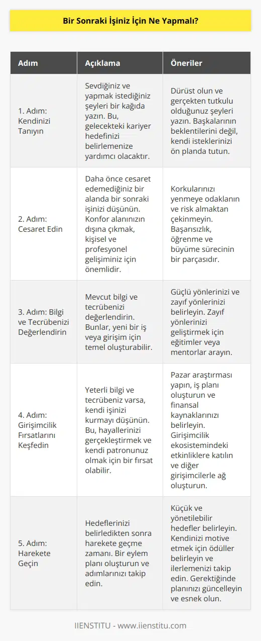 Bir kağıt kalem alın ve neleri sevdiğinizi, neler yapmak istediğinizi yazın. Bir sonraki işiniz daha önce cesaret edemediğiniz bir alan olabilir ya da yeterli bilgi ve tecrübeniz varsa sıfırdan kendi girişiminiz olabilir.