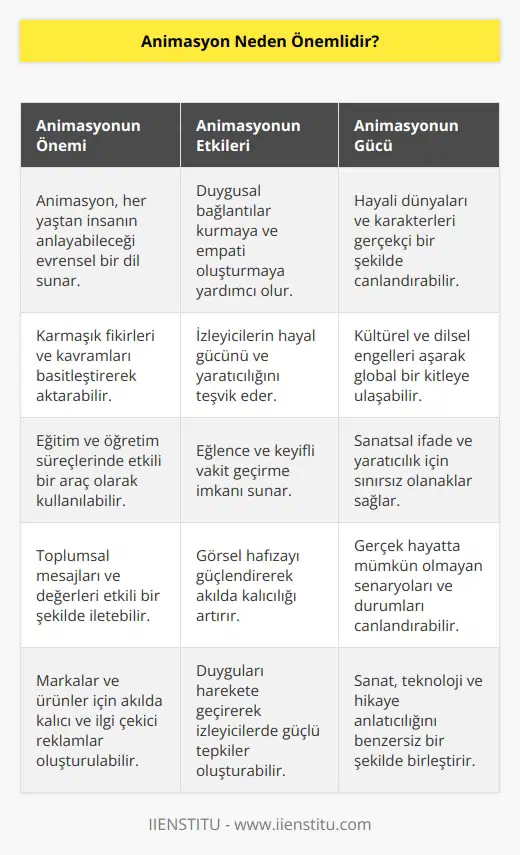 Animasyon önemlidir, çünkü hem küçük çocukların hem de yetişkinlerin anlayabileceği benzersiz, algılanması kolay bir şekilde hikayeler anlatabilmenizi, duygu ve fikirleri iletebilmemizi sağlamaktadır. Animasyon, dünyanın her yerinden insanları bazen yazı ve canlı aksiyon filmlerinin yapamayacağı şekilde birbirine bağlamaya yardımcı olmuştur. ve sanatın harmanlanmasıyla inandırıcı bir dünya yaratılmaktadır.