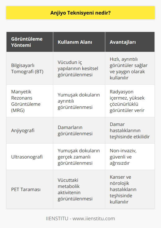 Anjiyo Teknisyeni, vücut içindeki organ ve dokuların görüntüleme yöntemleri kullanılarak incelenmesini sağlayan   lerdir. Anjiyo teknisyenleri, bilgisayarlı tomografi (BT) ve manyetik rezonans görüntüleme (MRG) gibi yöntemleri kullanarak hastaların vücutlarının iç yapısının görüntülenmesini sağlayan teknikleri uygularlar. Ayrıca, anjiyo teknisyenleri hastalara doktorlarının verdiği diğer görüntüleme yöntemlerini de uygulamakla sorumludurlar.