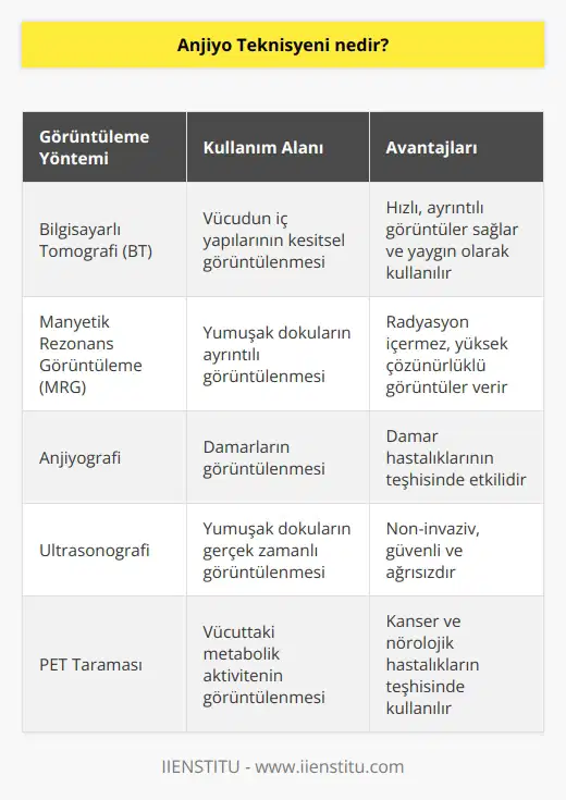 Anjiyo Teknisyeni, vücut içindeki organ ve dokuların görüntüleme yöntemleri kullanılarak incelenmesini sağlayan   lerdir. Anjiyo teknisyenleri, bilgisayarlı tomografi (BT) ve manyetik rezonans görüntüleme (MRG) gibi yöntemleri kullanarak hastaların vücutlarının iç yapısının görüntülenmesini sağlayan teknikleri uygularlar. Ayrıca, anjiyo teknisyenleri hastalara doktorlarının verdiği diğer görüntüleme yöntemlerini de uygulamakla sorumludurlar.
