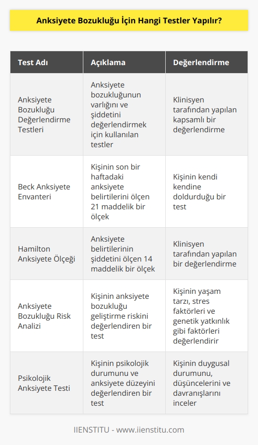 Anksiyete bozukluğu için yapılan testler arasında; anksiyete bozukluğu değerlendirme testleri, Beck Anksiyete Envanteri, Hamilton Anksiyete Ölçeği, Anksiyete Bozukluğu Risk Analizi, Psikolojik Anksiyete Testi, Anksiyete Testi ve Duygusal İşlevlilik Testi sayılabilir.