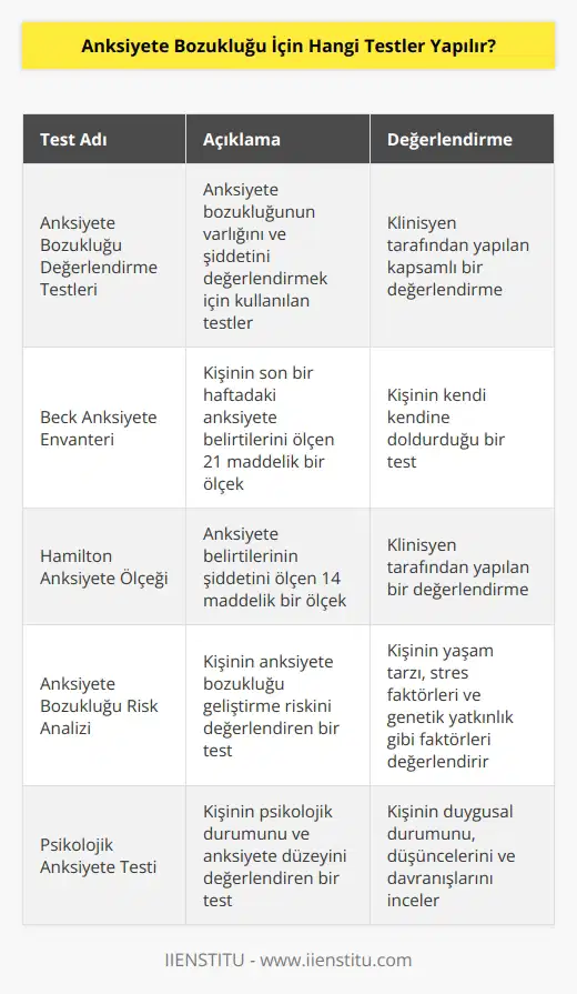 Anksiyete bozukluğu için yapılan testler arasında; anksiyete bozukluğu değerlendirme testleri, Beck Anksiyete Envanteri, Hamilton Anksiyete Ölçeği, Anksiyete Bozukluğu Risk Analizi, Psikolojik Anksiyete Testi, Anksiyete Testi ve Duygusal İşlevlilik Testi sayılabilir.