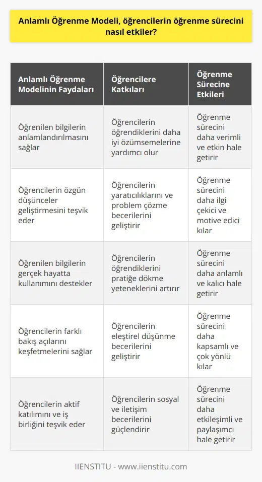 Anlamlı öğrenme modeli, öğrencilerin öğrenme sürecine bilgi alışverişi ve anlamlandırma üzerinden bakış açısı sağlar. Öğrenciler, öğrenme süreçlerinin anlamlı olmasını sağlamak için öğrendikleri bilgileri önce tanımlayıp anlamlandırmaları gerekir. Anlamlı öğrenme, öğrencilerin öğrenme süreçlerini daha verimli ve etkin hale getirir. Model, öğrencilerin öğrendikleri bilgileri ve kavramları nasıl kullanacaklarını öğrenmelerini ve kendi özgün düşüncelerini oluşturmalarını sağlar. Model, öğrencilerin özgün çözümler bulmalarına ve yeni fikirler geliştirmelerine yardımcı olur. Anlamlı öğrenme modeli, öğrencilerin öğrenme süreçlerini çoklu açılardan düşünmelerini ve öğrenmelerini teşvik eder.