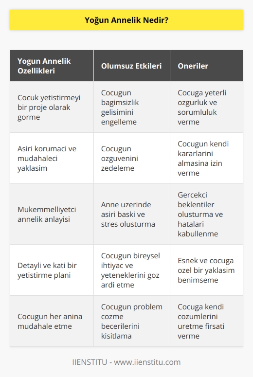 Yoğun Annelik, evlat sahibi olup onu yetiştirmeyi bir proje gibi gören anne anlayışı olarak tanımlanıyor. Mükemmel bir annenin oldukça detaylı bir plan dâhilinde çocuğunu mükemmel şekilde yetiştirmeyi hedeflemesini anlatan “yoğun annelik” kavramı son yıllarda literatürde yerini aldı. Bu annelik tipi, gereğinden fazla korumacı ve müdahaleci bir anne yaklaşımı barındırıyor.