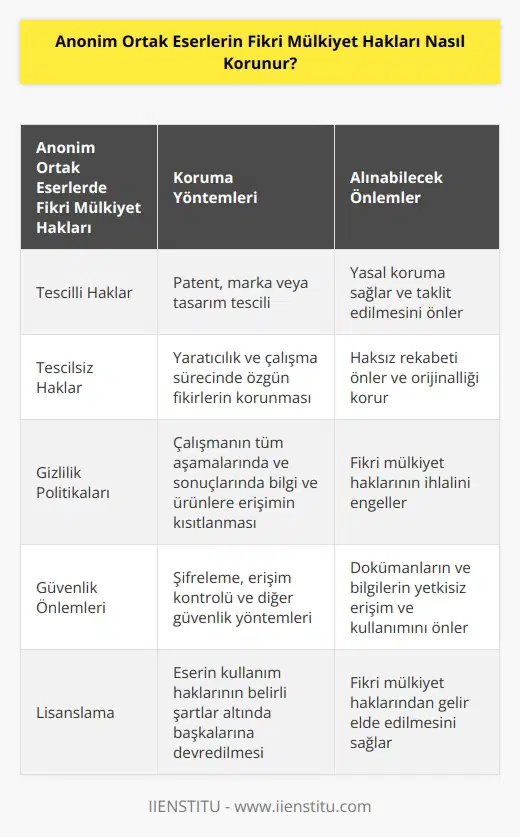 Fikri mülkiyet hakları anonim ortak eserler için tescilli veya tescilsiz olarak korunabilir. Tescilli haklar, anonim ortak eserler için tescilli bir patent, marka veya tasarım alınarak edinilir. Tescilsiz haklar ise, yaratıcılık ve çalışma sürecinde özgün fikirlerin korunması amacıyla kullanılır. Fikri mülkiyet haklarını korumak için, anonim ortaklar, çalışmanın tüm aşamalarında ve sonuçlarında herhangi bir çalışma ile ilgili bilgilere veya ürünlere erişimin kısıtlandığı gizlilik politikaları uygulayabilirler. Ayrıca, ortaklar, dokümanları ve bilgileri koruma amacıyla veya başka güvenlik önlemleri uygulayabilirler.