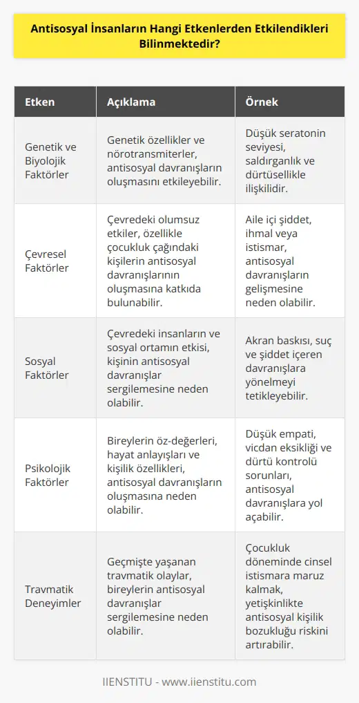 Antisosyal insanların etkilendikleri etkenler arasında şunlar sayılabilir:  1. Genetik ve biyolojik faktörler: Genetik ve biyolojik faktörler, antisosyal davranışların nedenleri arasında en önemli etkenlerden biridir. Bireylerin genetik özellikleri ve nörotransmiterleri, antisosyal davranışların oluşmasını etkileyebilir.  2. Çevresel faktörler: Çevresel faktörler, antisosyal davranışların oluşmasının önemli bir etkenidir. Çevredeki olumsuz etkiler, özellikle çocukluk çağındaki kişilerin antisosyal davranışlarının oluşmasına katkıda bulunabilir.  3. Sosyal faktörler: Sosyal faktörler, antisosyal davranışların oluşmasının önemli bir etkenidir. Çevredeki insanların ve sosyal ortamın etkisi, kişinin antisosyal davranışlar sergilemesine neden olabilir.  4. Psikolojik faktörler: Psikolojik faktörler, antisosyal davranışların oluşmasının önemli bir etkenidir. Bireylerin öz-değerleri, hayat anlayışları ve kişilik özellikleri, antisosyal davranışların oluşmasına neden olabilir.